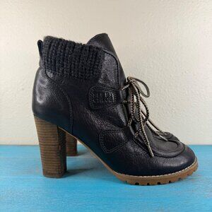 See By Chloe Black Leather Lace-Up Heeled Ankle Boots W/ Knit Cuff Sz 38 US 7.5